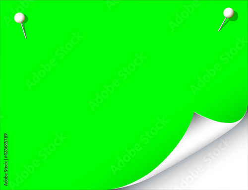 Memo Neon grünes Papierblatt mit Pinnadel und Eselsohr,
Vektor Illustration isoliert auf weißem Hintergrund

