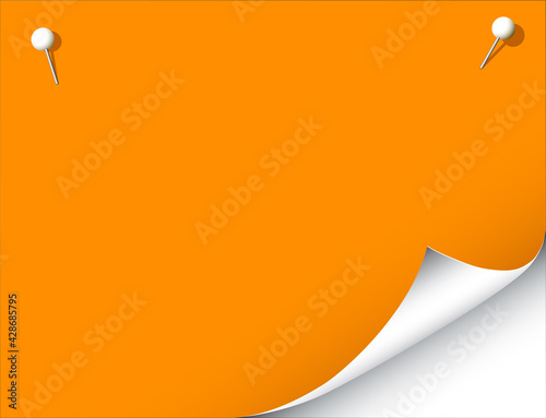 Memo Neon oranges Papierblatt mit Pinnadel und Eselsohr,
Vektor Illustration isoliert auf weißem Hintergrund

