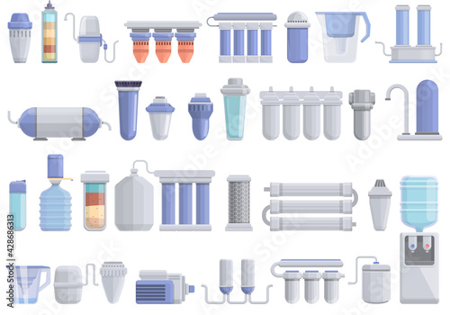 Equipment for water purification icons set. Cartoon set of equipment for water purification vector icons for web design