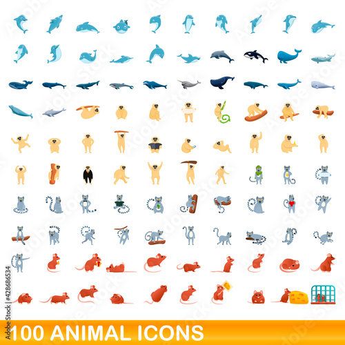 100 animal icons set. Cartoon illustration of 100 animal icons vector set isolated on white background