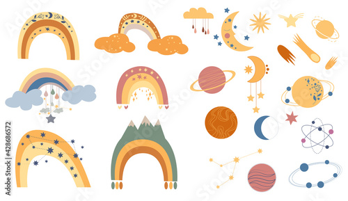 Vector hand drawn collection for nursery decoration with cute rainbows pastel color. Bohemian kids decoration. Vector nursery art, Baby shower illustration. Ideal for kids room decoration