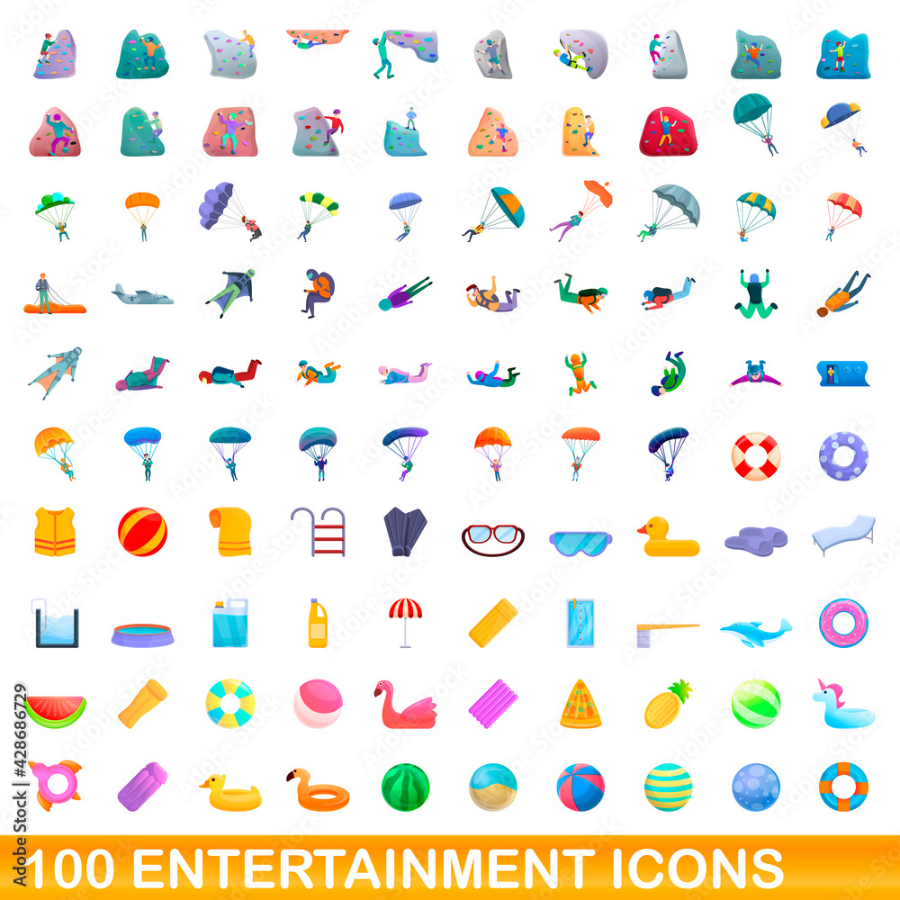 100 entertainment icons set. Cartoon illustration of 100 entertainment icons vector set isolated on white background