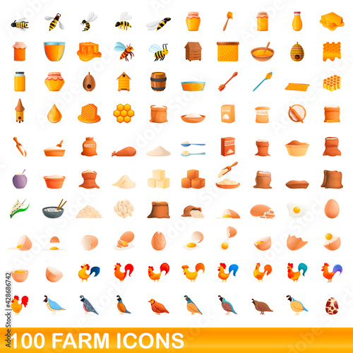 100 farm icons set. Cartoon illustration of 100 farm icons vector set isolated on white background