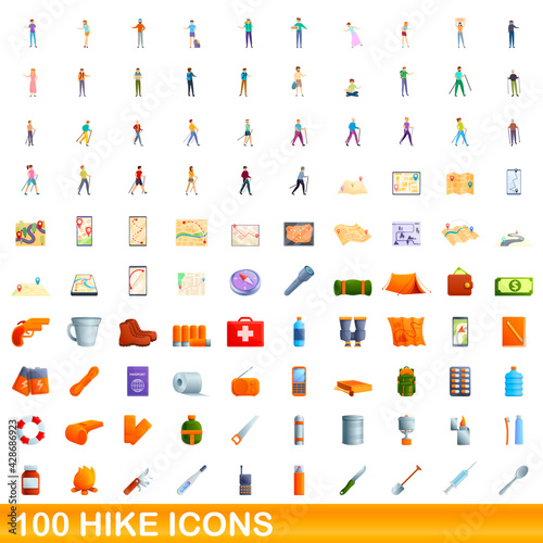 100 hike icons set. Cartoon illustration of 100 hike icons vector set isolated on white background