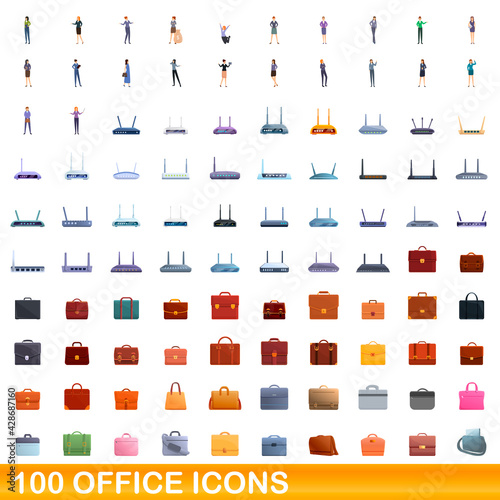100 office icons set. Cartoon illustration of 100 office icons vector set isolated on white background