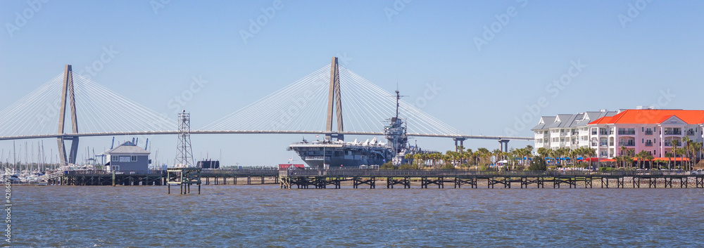 Arthur Ravenel Jr. Bridge and USS Yorktown in Charleston, South Carolina