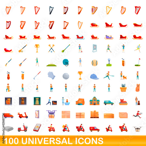 100 universal icons set. Cartoon illustration of 100 universal icons vector set isolated on white background