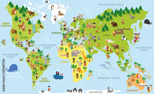 Zabawna mapa świata z kreskówek z dziećmi różnych narodowości, zwierzętami i zabytkami wszystkich kontynentów i oceanów. Nazwy w języku niemieckim. Ilustracja wektorowa do projektowania edukacji przedszkolnej i dzieci.
