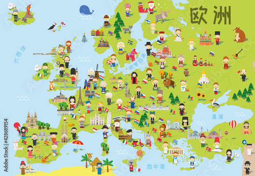 Fototapeta Naklejka Na Ścianę i Meble -  Funny cartoon map of Europe in chinese with childrens of different nationalities, representative monuments, animals and objects of all the countries. Vector illustration for preschool education