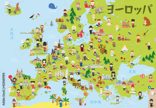 Funny cartoon map of Europe in japanese with childrens of different nationalities, representative monuments, animals and objects of all the countries. Vector illustration for preschool education