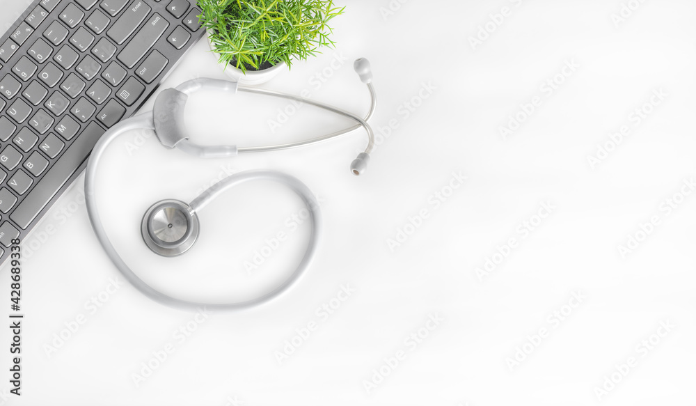 Office Desk Table with Supplies. Flat lay. Copy space