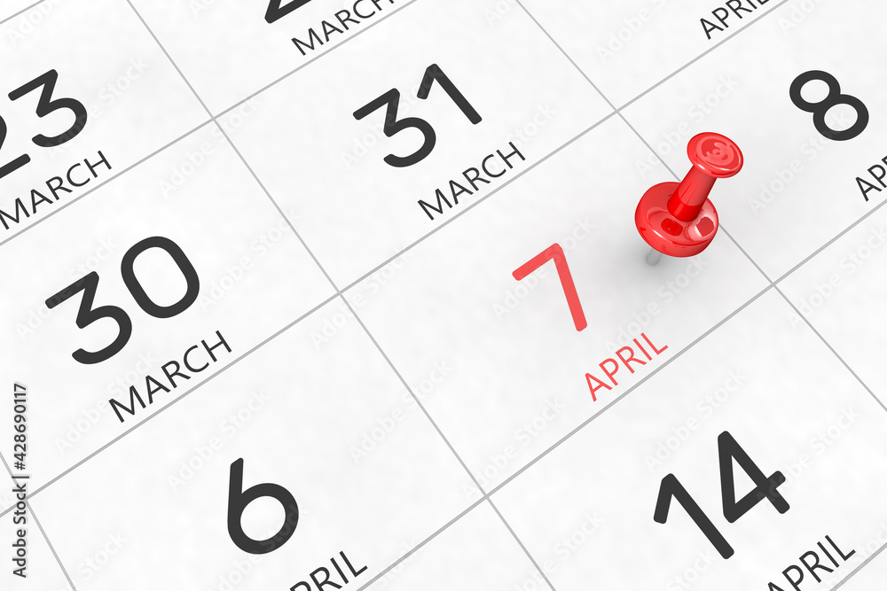 3d rendering of important days concept. April 7th. Day 7 of month. Red date written and pinned on a calendar. Spring month, day of the year. Remind you an important event or possibility. 3d rendering of important days concept. April 7th. Day 7 of month. Red date written and pinned on a calendar. Spring month, day of the year. Remind you an important event or possibility.