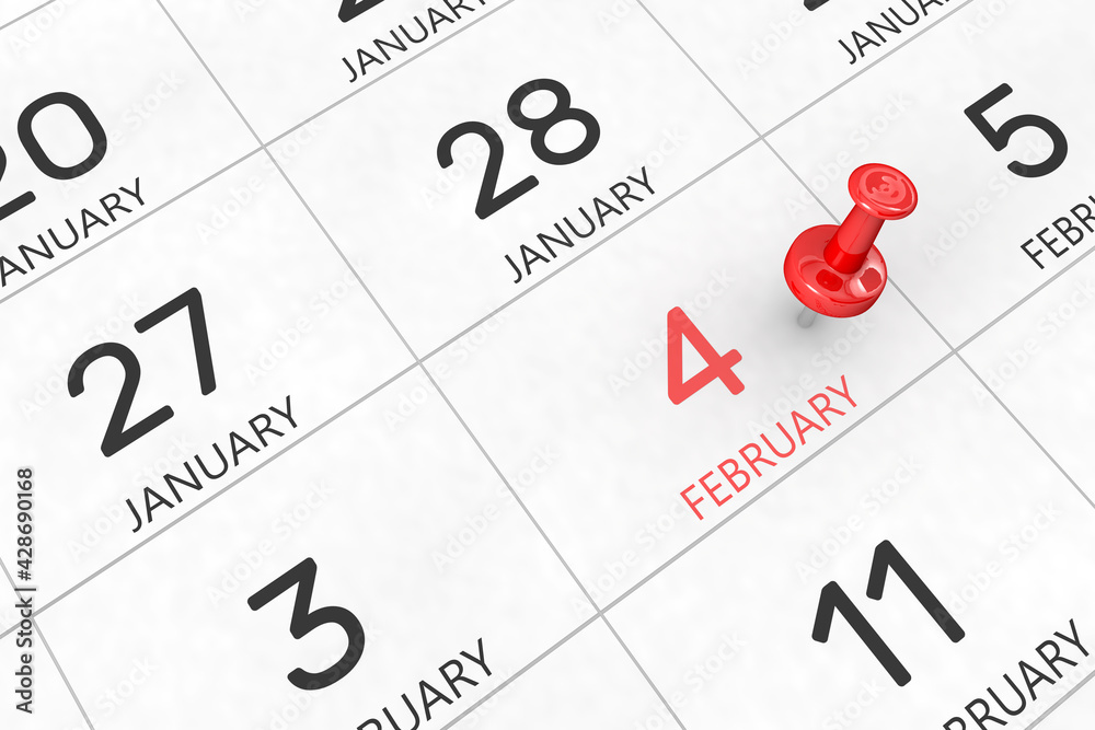 3d rendering of important days concept. February 4th. Day 4 of month. Red date written and pinned on a calendar. Winter month, day of the year. Remind you an important event or possibility. 3d rendering of important days concept. February 4th. Day 4 of month. Red date written and pinned on a calendar. Winter month, day of the year. Remind you an important event or possibility.