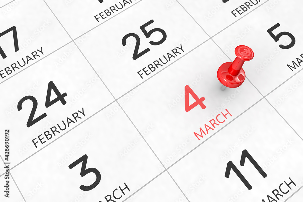 3d rendering of important days concept. March 4th. Day 4 of month. Red date written and pinned on a calendar. Spring month, day of the year. Remind you an important event or possibility. 3d rendering of important days concept. March 4th. Day 4 of month. Red date written and pinned on a calendar. Spring month, day of the year. Remind you an important event or possibility.