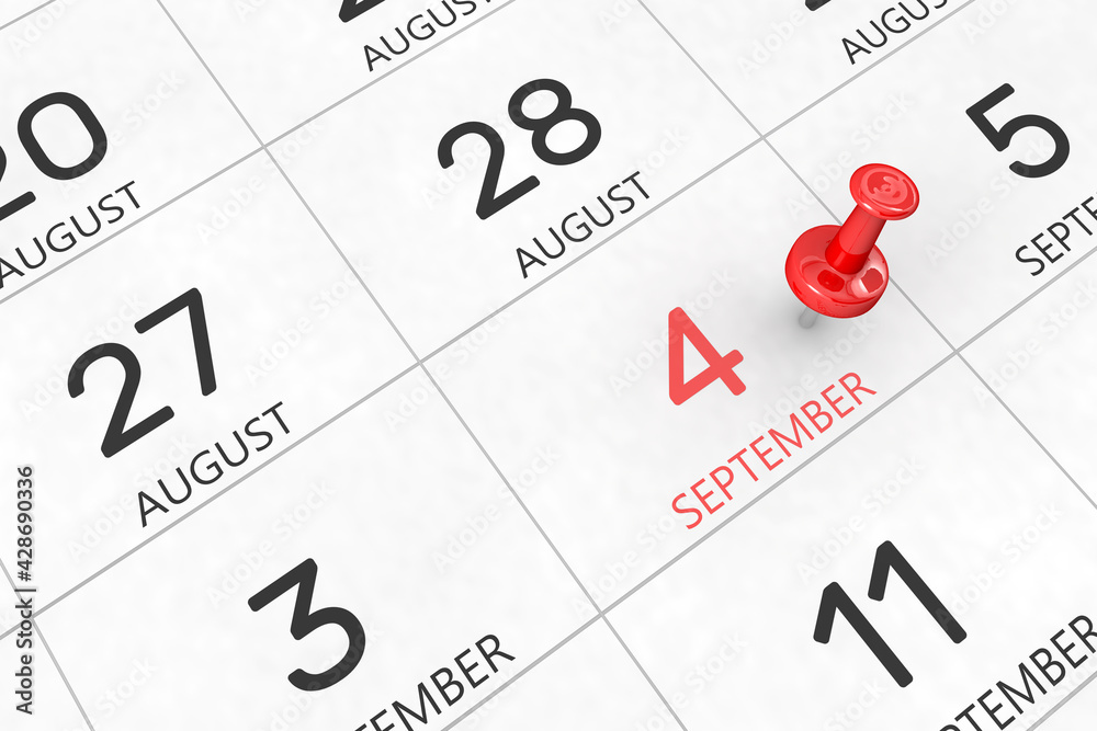 3d rendering of important days concept. September 4th. Day 4 of month. Red date written and pinned on a calendar. Autumn month, day of the year. Remind you an important event or possibility. 3d rendering of important days concept. September 4th. Day 4 of month. Red date written and pinned on a calendar. Autumn month, day of the year. Remind you an important event or possibility.