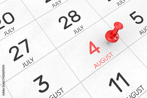 3d rendering of important days concept. August 4th. Day 4 of month. Red date written and pinned on a calendar. Summer month, day of the year. Remind you an important event or possibility.