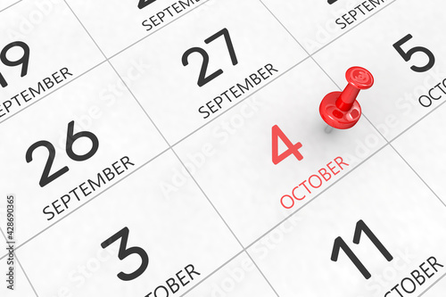 3d rendering of important days concept. October 4th. Day 4 of month. Red date written and pinned on a calendar. Autumn month, day of the year. Remind you an important event or possibility. photo