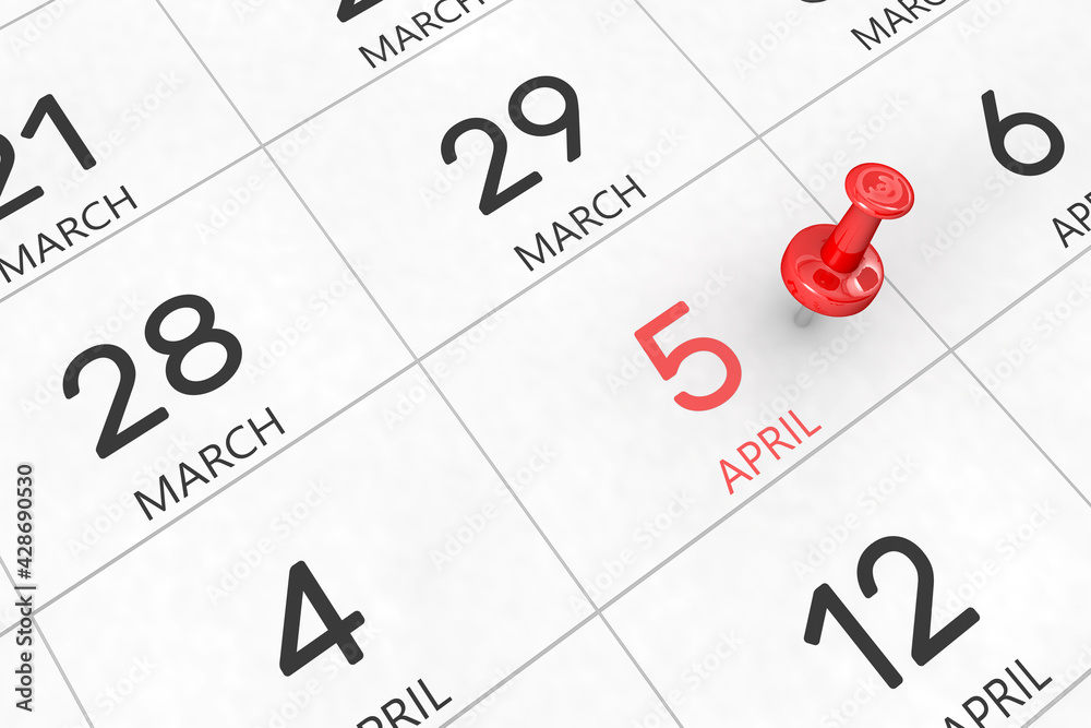 3d rendering of important days concept. April 5th. Day 5 of month. Red date written and pinned on a calendar. Spring month, day of the year. Remind you an important event or possibility. 3d rendering of important days concept. April 5th. Day 5 of month. Red date written and pinned on a calendar. Spring month, day of the year. Remind you an important event or possibility.