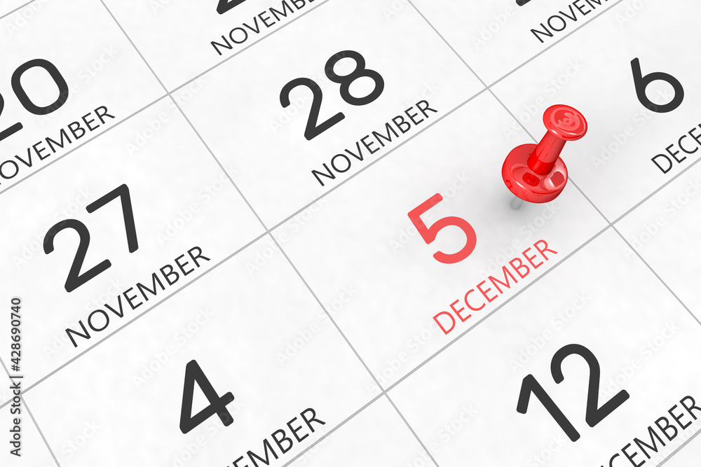 3d rendering of important days concept. December 5th. Day 5 of month. Red date written and pinned on a calendar. Winter month, day of the year. Remind you an important event or possibility. 3d rendering of important days concept. December 5th. Day 5 of month. Red date written and pinned on a calendar. Winter month, day of the year. Remind you an important event or possibility.