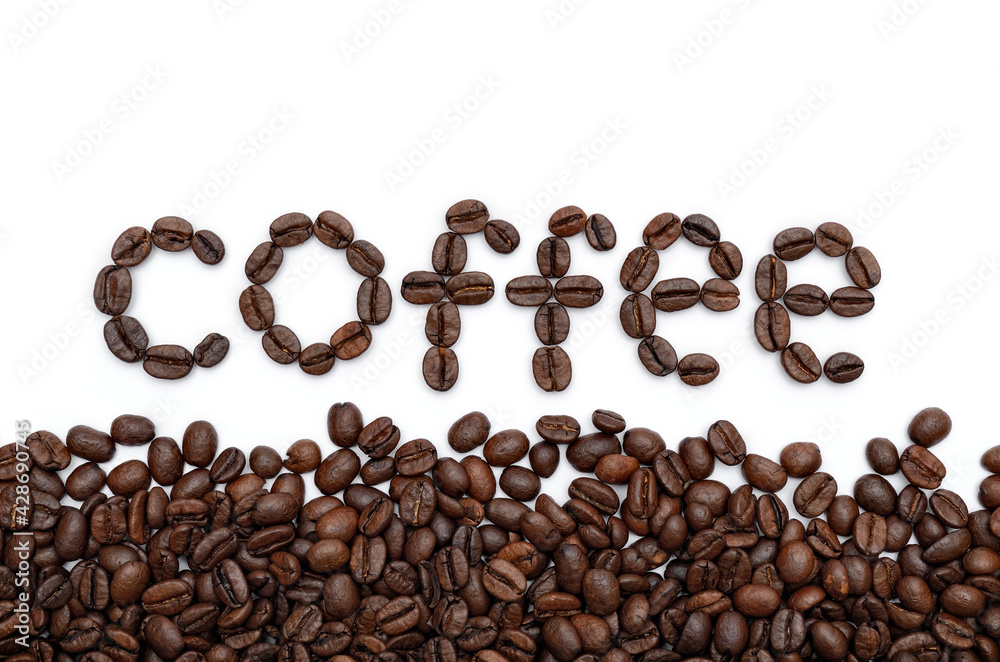 Coffee word, roasted coffee beans on white Coffee word, roasted coffee beans on white