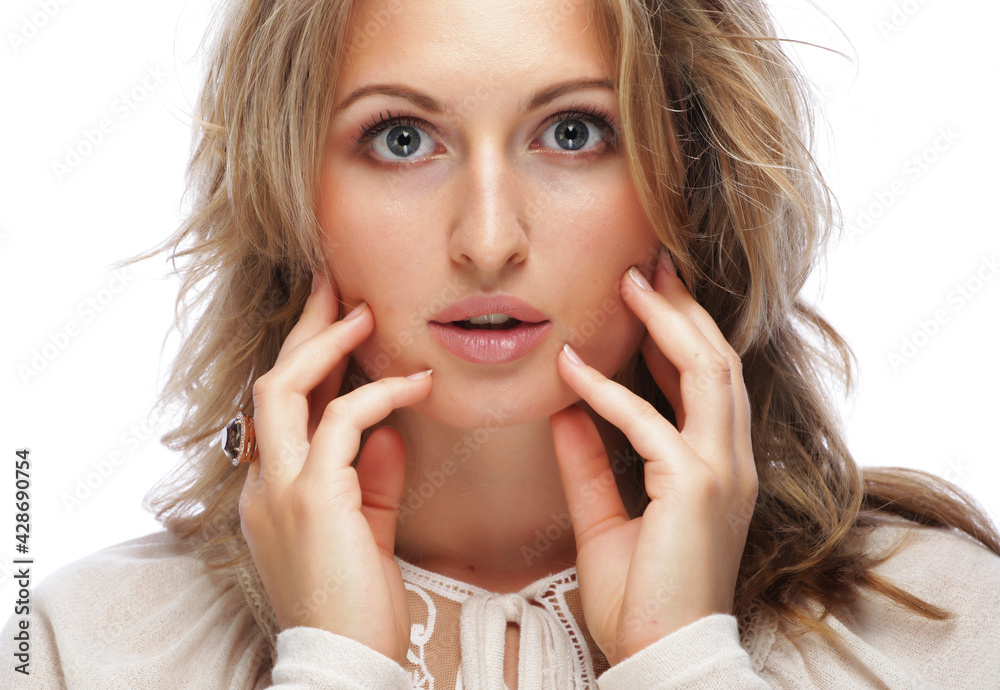 woman portrait, skin care concept, beautiful skin and hands with manicure nails. woman portrait, skin care concept, beautiful skin and hands with manicure nails.