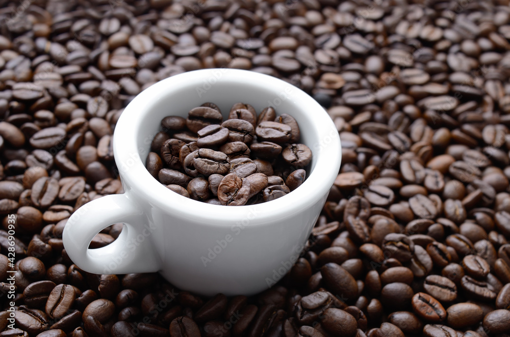 White cup among roasted, brown coffee beans