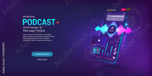 Podcast on Mobile Phone. 3D smartphone with broadcast - webinar, stream, workout, radio, lecture or audio blog online. Online podcast on smartphone. Mobile App with UI, UX interface. Vector banner