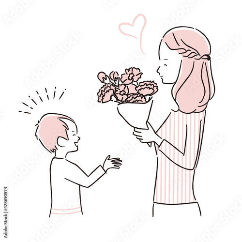 手描き1color ママ大好き息子　カーネーションを喜ぶママ