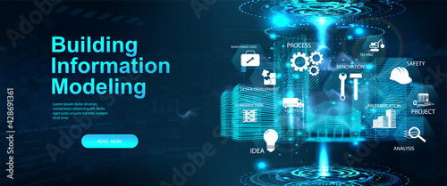 BIM - Building Information Modeling concept banner. Hologram 3D model buildings with icons and aspects BIM. Architecture building industry - modeling, construction and information. Vector banner