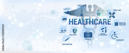 Blue healthcare concept banner with icons and medical aspects. Design banner in science style. Medical vector illustration for for diagnostics and treatment in healthcare. Modern digital infographic