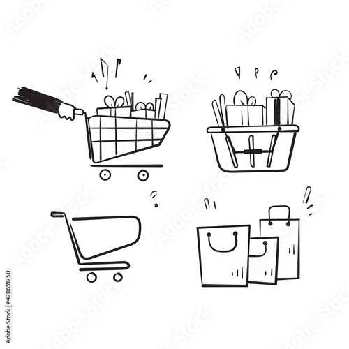 hand drawn doodle Set of shopping cart icons collection vector isolated