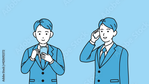 スマートフォンを使うスーツ姿の男性　携帯電話　会社員　ビジネスマン　上半身　イラスト素材