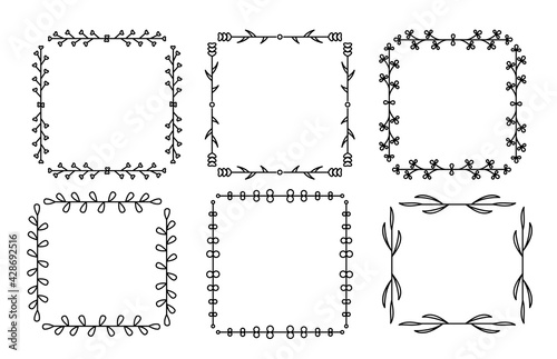 Branch square line set. Flourish retro ornament divider. Herbal ornate doodle design elements. Vintage botanical border. Wedding invitation, greeting card, scrapbook stamp, winner wreath floral decor