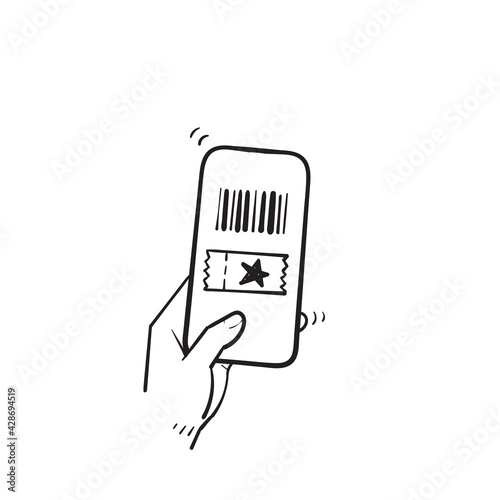 hand drawn doodle hand holding digital ticket on smartphone illustration isolated