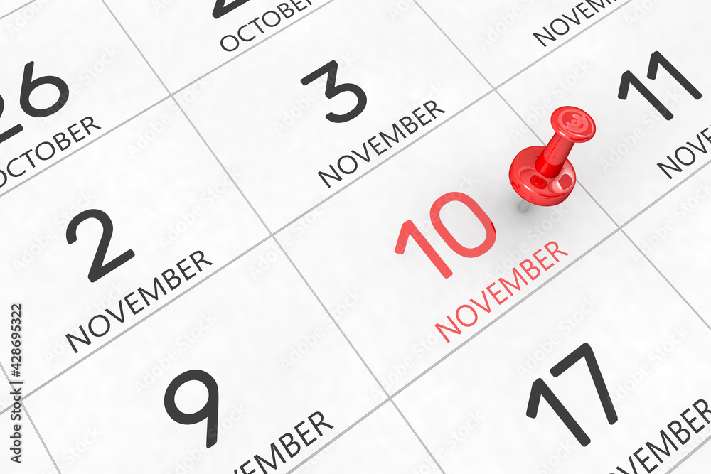 3d rendering of important days concept. November 10th. Day 10 of month. Red date written and pinned on a calendar. Winter month, day of the year. Remind you an important event or possibility. 3d rendering of important days concept. November 10th. Day 10 of month. Red date written and pinned on a calendar. Winter month, day of the year. Remind you an important event or possibility.