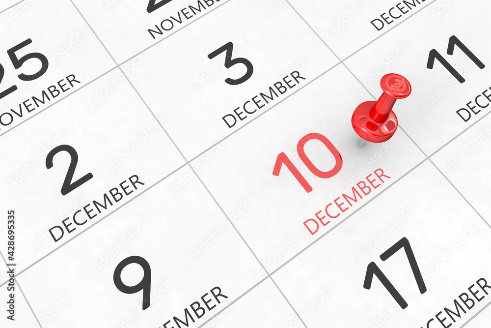 3d rendering of important days concept. December 10th. Day 10 of month. Red date written and pinned on a calendar. Winter month, day of the year. Remind you an important event or possibility. 3d rendering of important days concept. December 10th. Day 10 of month. Red date written and pinned on a calendar. Winter month, day of the year. Remind you an important event or possibility.