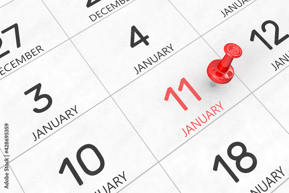 3d rendering of important days concept. January 11th. Day 11 of month. Red date written and pinned on a calendar. Winter month, day of the year. Remind you an important event or possibility. 3d rendering of important days concept. January 11th. Day 11 of month. Red date written and pinned on a calendar. Winter month, day of the year. Remind you an important event or possibility.