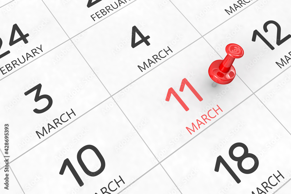 3d rendering of important days concept. March 11th. Day 11 of month. Red date written and pinned on a calendar. Spring month, day of the year. Remind you an important event or possibility. 3d rendering of important days concept. March 11th. Day 11 of month. Red date written and pinned on a calendar. Spring month, day of the year. Remind you an important event or possibility.
