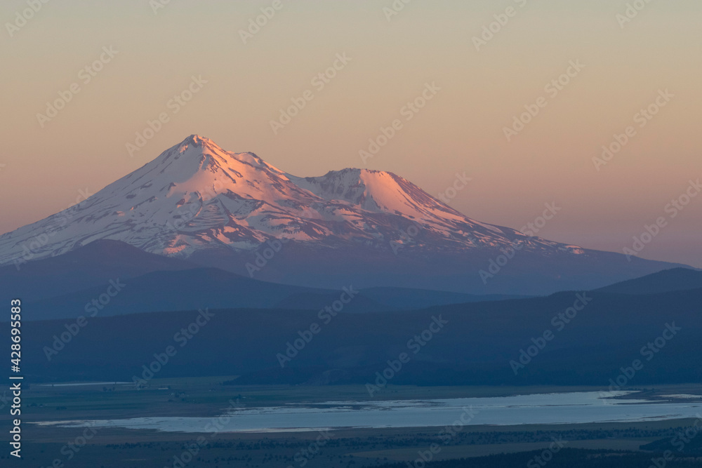 Mount Shasta at sunset as seen from Hamaker Mountain in Klamath County Oregon.