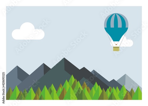 Hot air balloon flying over the mountain. Simple flat illustration.