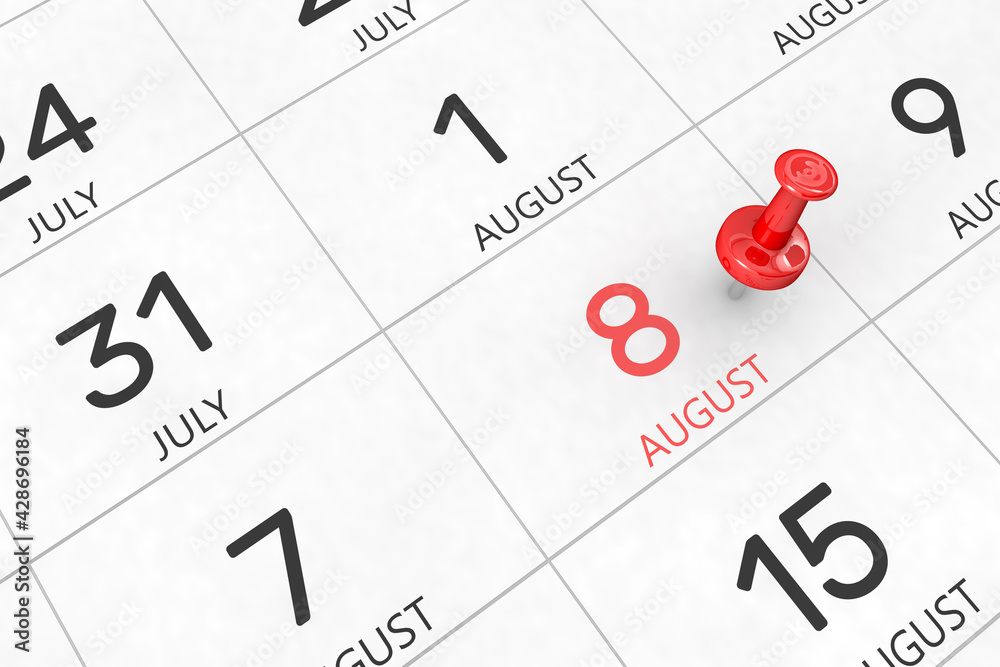 3d rendering of important days concept. August 8th. Day 8 of month. Red date written and pinned on a calendar. Summer month, day of the year. Remind you an important event or possibility. - obrazy, fototapety, plakaty 