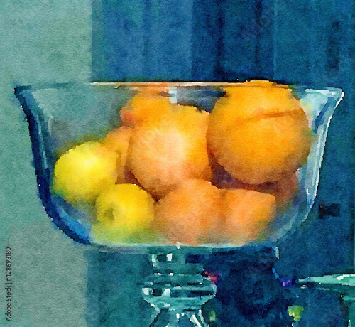 Waterlogue Watercolor Still Life Oranges and Lemons in Glass Bowl, abstract, retro, nostalgic photo