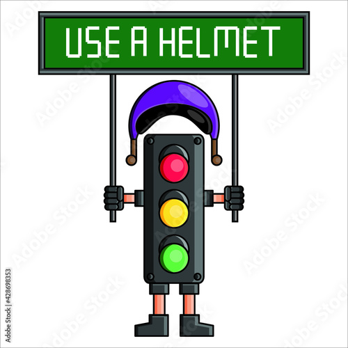 The traffic light mascot instructs the riders to wear a helmet when driving