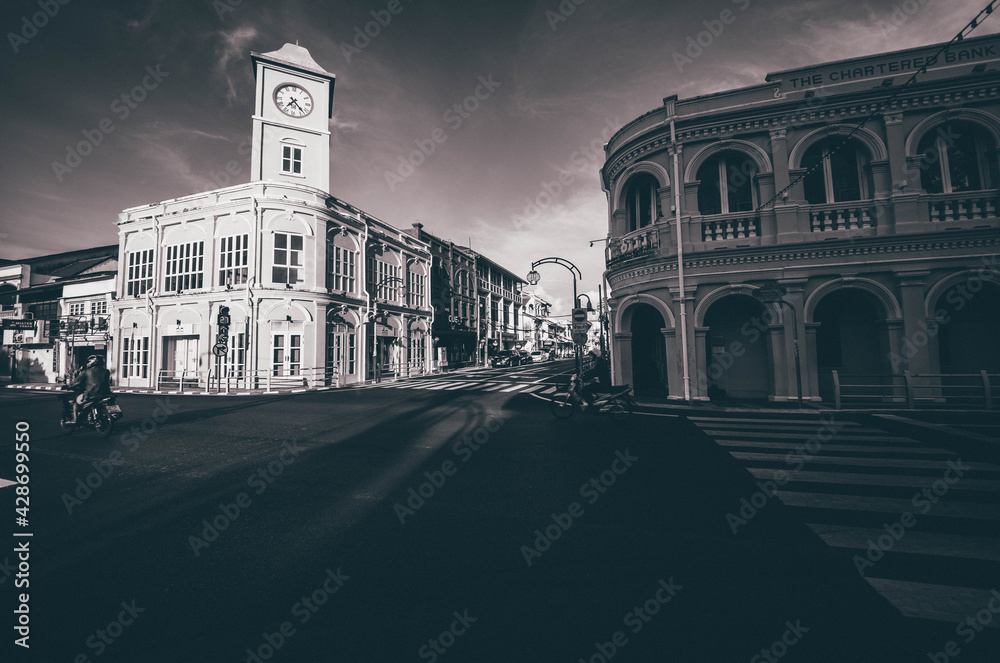 A black and white photo of an old building in Sino-Portuguese style at the old town of Phuket, Thailand, 16 April 2021