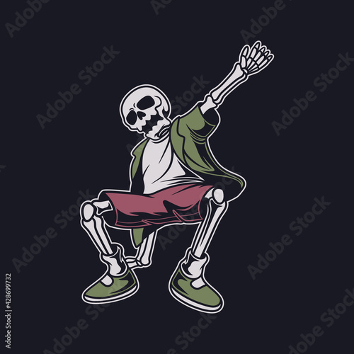 vintage t shirt design the skull in a squatting pose and the right hand behind the back break dance illustration