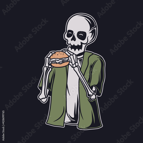 vintage t shirt design skull eats the burger illustration