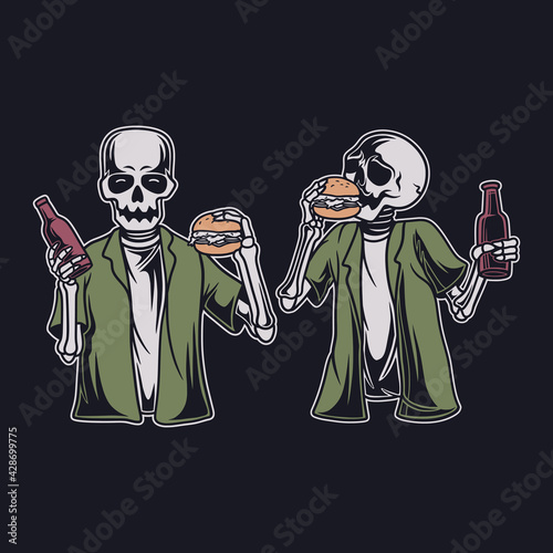 vintage t shirt design skull eats a burger and holds a drink illustration