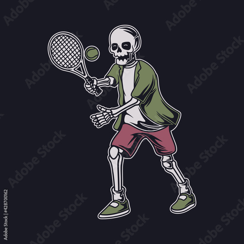 vintage t shirt design skull with ball throwing position tennis illustration