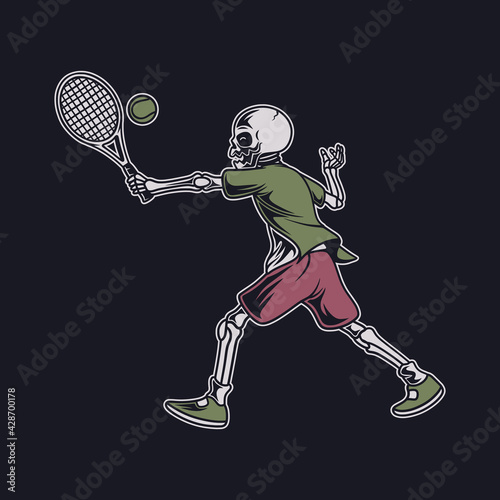 vintage t shirt design the skull chasing the ball with the racket tennis illustration