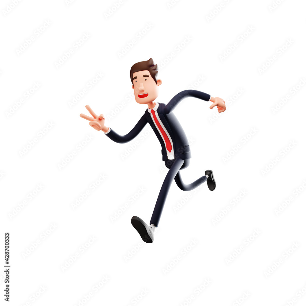 3D Businessman Cartoon Design running showing two fingers